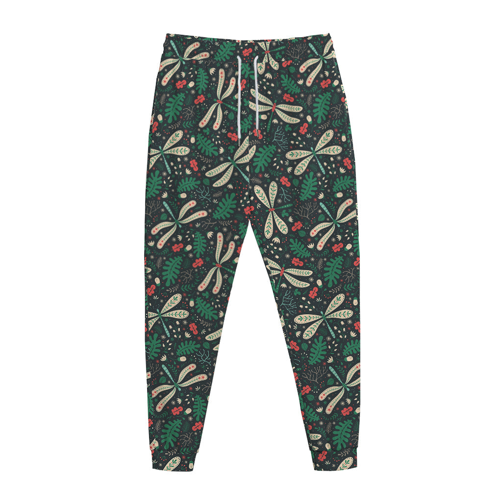 Christmas Floral Dragonfly Pattern Print Jogger Pants