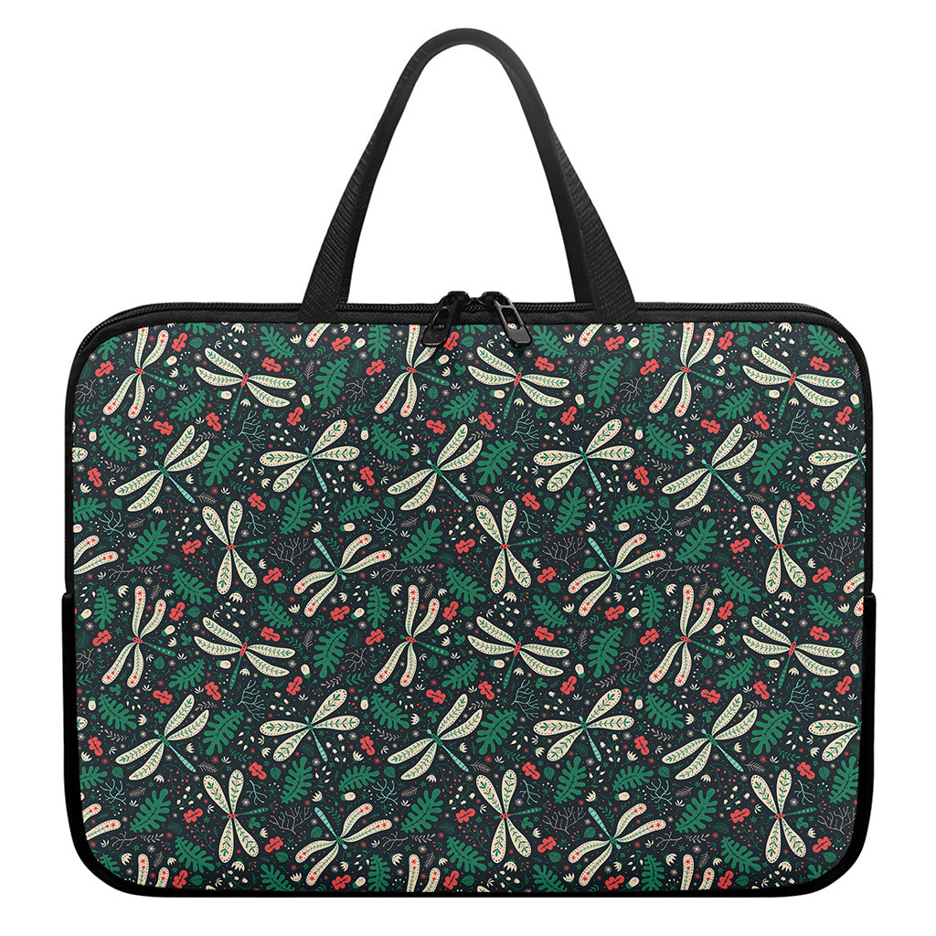 Christmas Floral Dragonfly Pattern Print Laptop Sleeve With Handle