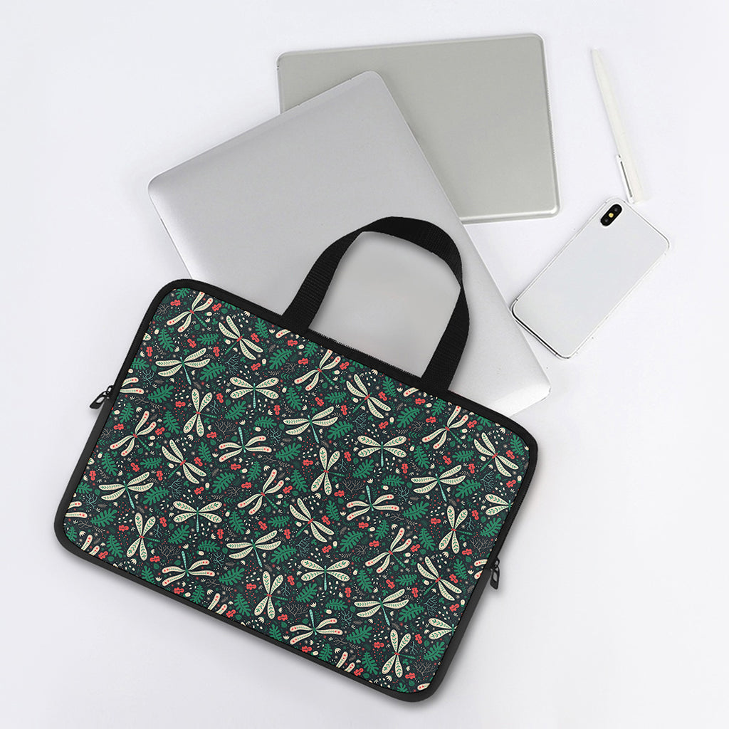 Christmas Floral Dragonfly Pattern Print Laptop Sleeve With Handle