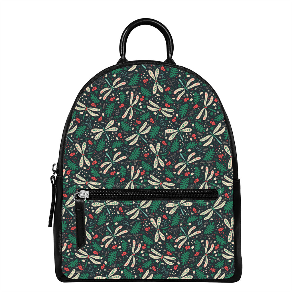 Christmas Floral Dragonfly Pattern Print Leather Backpack