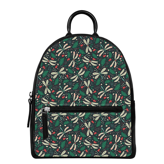 Christmas Floral Dragonfly Pattern Print Leather Backpack