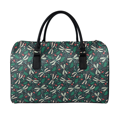 Christmas Floral Dragonfly Pattern Print Leather Duffle Bag