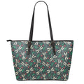 Christmas Floral Dragonfly Pattern Print Leather Tote Bag With Zipper