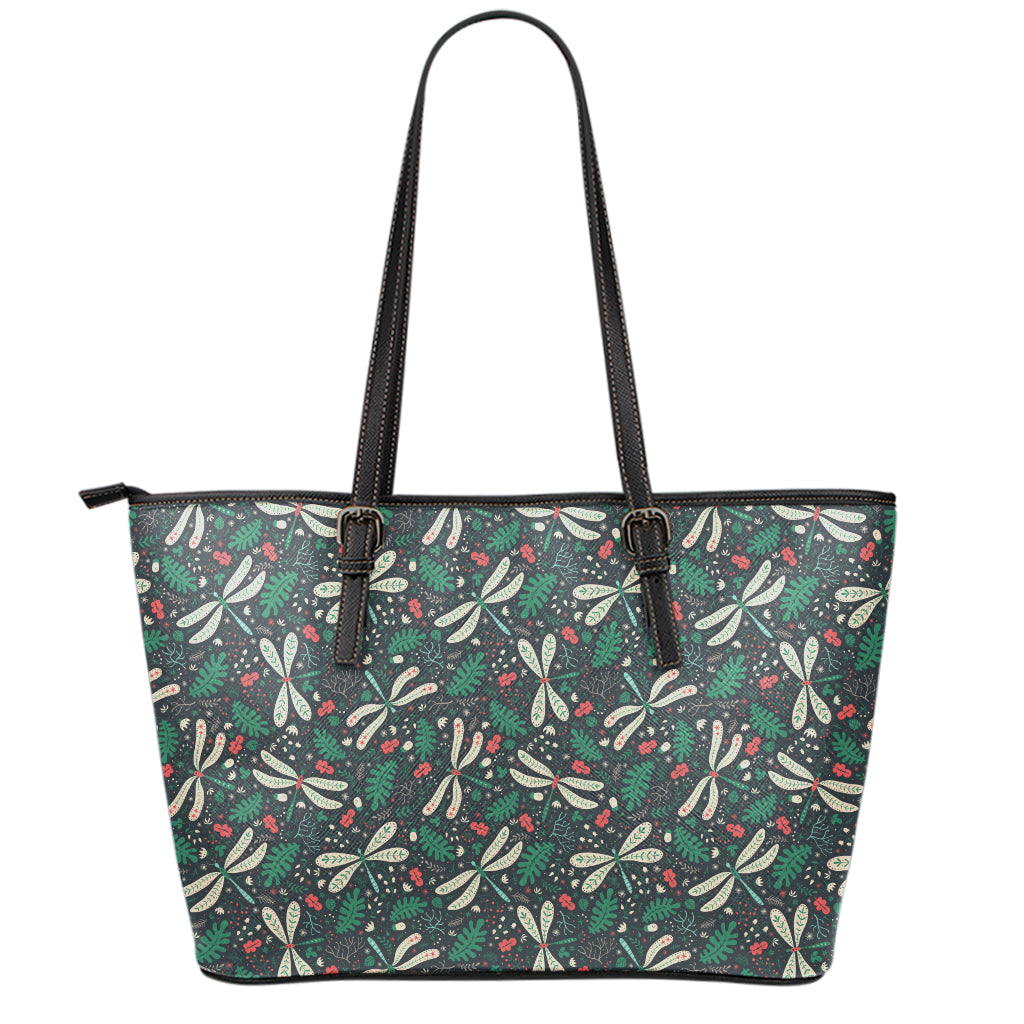 Christmas Floral Dragonfly Pattern Print Leather Tote Bag