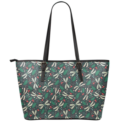 Christmas Floral Dragonfly Pattern Print Leather Tote Bag