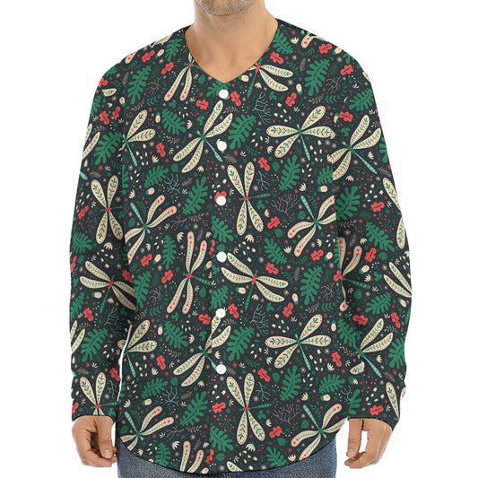 Christmas Floral Dragonfly Pattern Print Long Sleeve Baseball Jersey