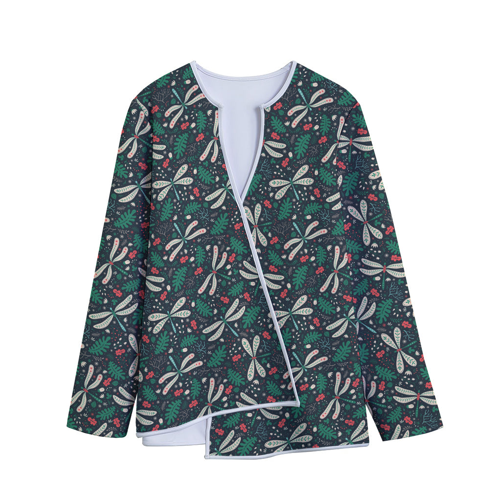 Christmas Floral Dragonfly Pattern Print Long Sleeve Short Coat