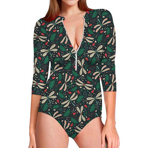 Christmas Floral Dragonfly Pattern Print Long Sleeve Swimsuit