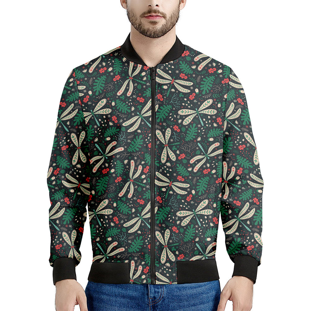 Christmas Floral Dragonfly Pattern Print Men's Bomber Jacket