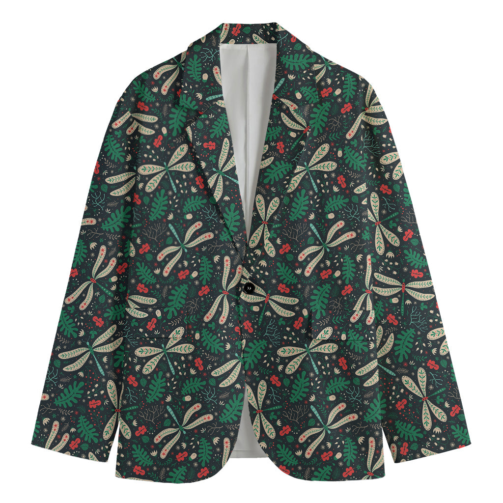 Christmas Floral Dragonfly Pattern Print Men's Cotton Blazer
