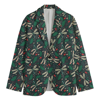 Christmas Floral Dragonfly Pattern Print Men's Cotton Blazer