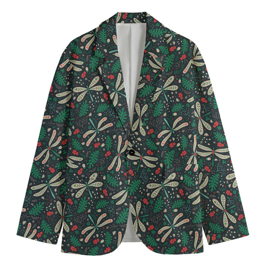 Christmas Floral Dragonfly Pattern Print Men's Cotton Blazer