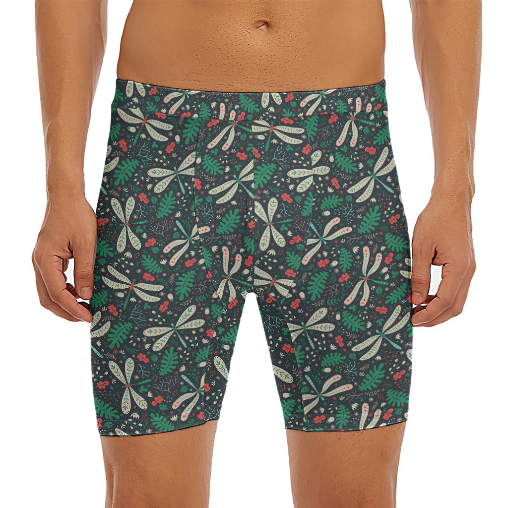 Christmas Floral Dragonfly Pattern Print Men's Long Boxer Briefs