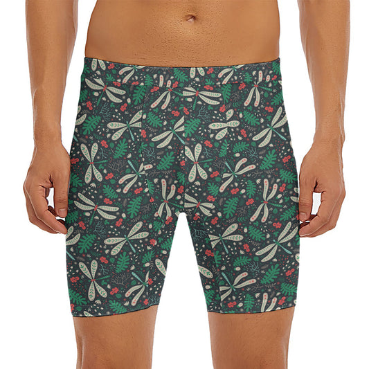 Christmas Floral Dragonfly Pattern Print Men's Long Boxer Briefs