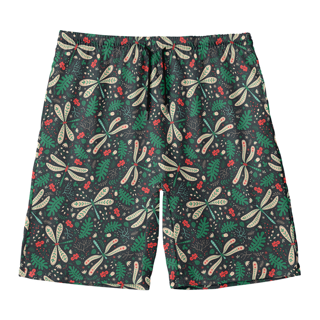 Christmas Floral Dragonfly Pattern Print Men's Swim Trunks