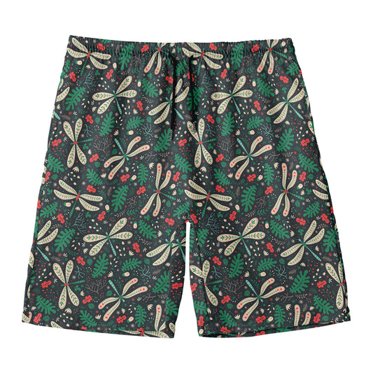 Christmas Floral Dragonfly Pattern Print Men's Swim Trunks