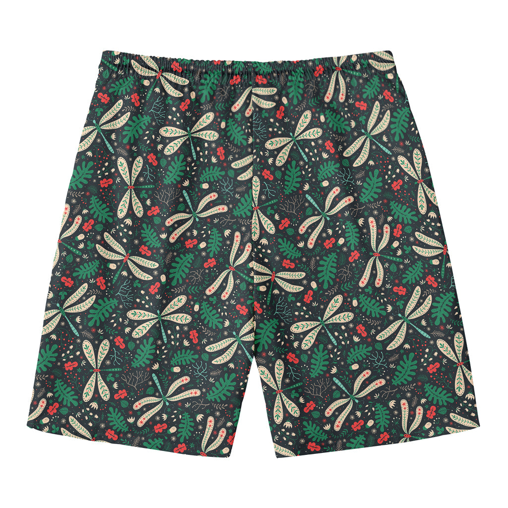 Christmas Floral Dragonfly Pattern Print Men's Swim Trunks