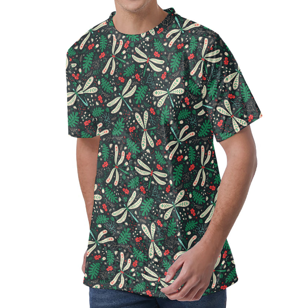 Christmas Floral Dragonfly Pattern Print Men's Velvet T-Shirt