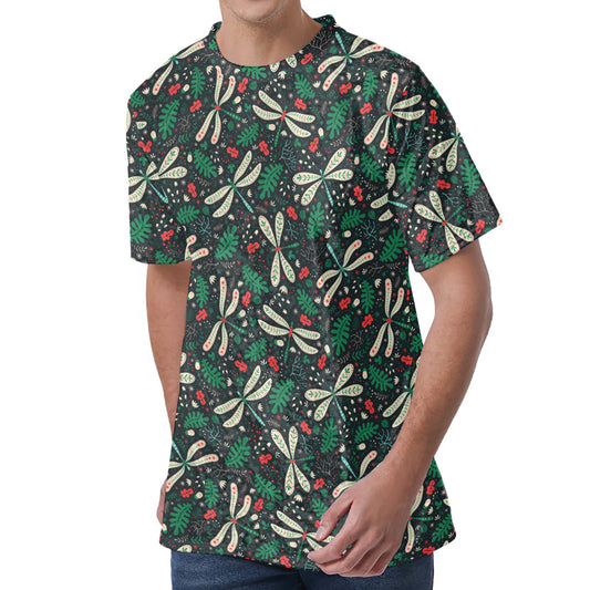 Christmas Floral Dragonfly Pattern Print Men's Velvet T-Shirt