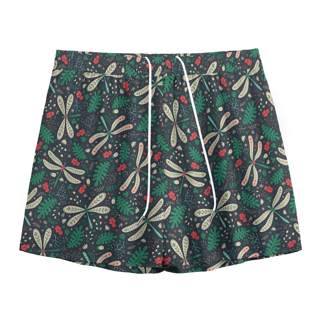 Christmas Floral Dragonfly Pattern Print Mesh Shorts