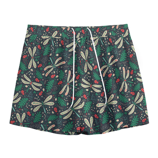 Christmas Floral Dragonfly Pattern Print Mesh Shorts