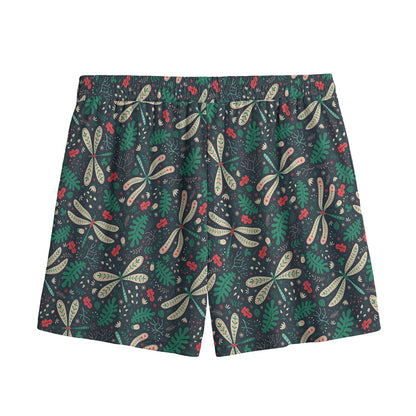 Christmas Floral Dragonfly Pattern Print Mesh Shorts