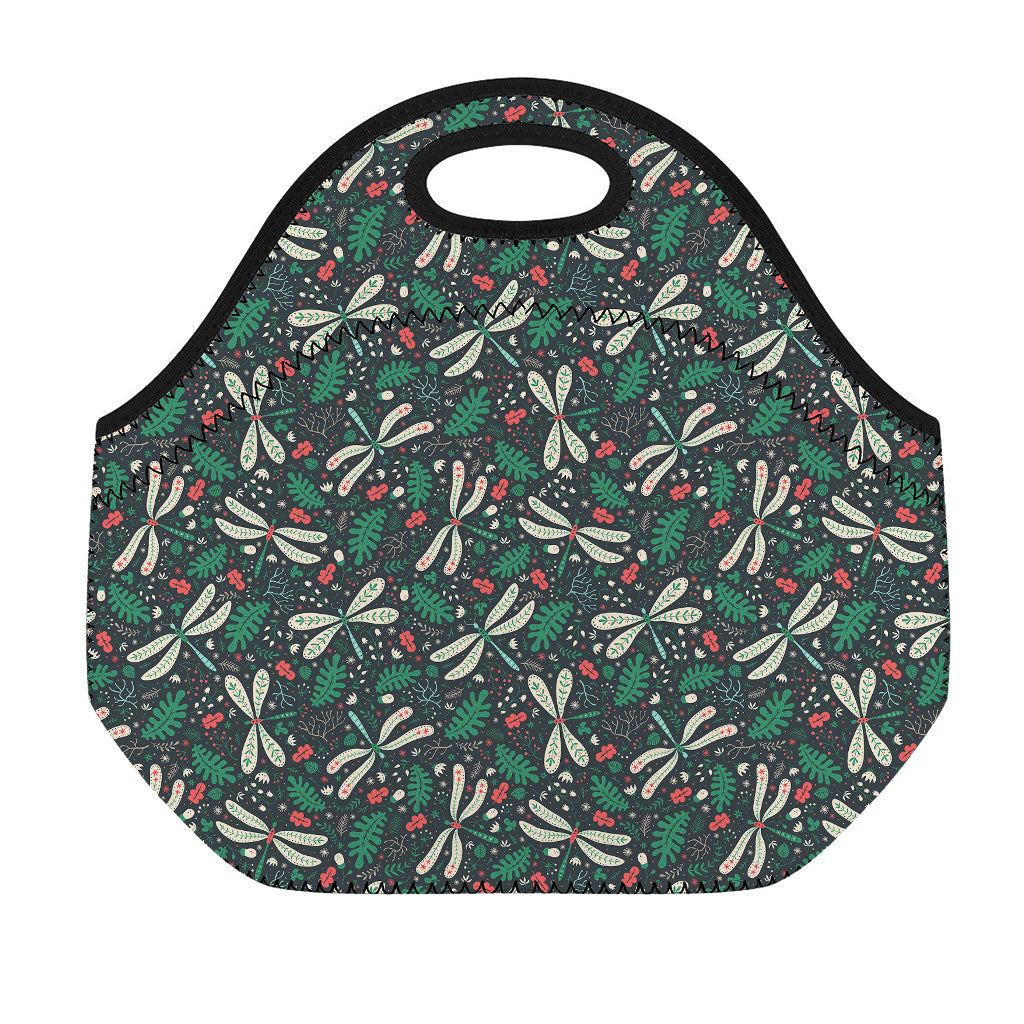 Christmas Floral Dragonfly Pattern Print Neoprene Lunch Bag