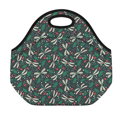 Christmas Floral Dragonfly Pattern Print Neoprene Lunch Bag