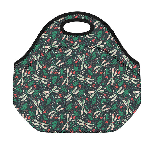 Christmas Floral Dragonfly Pattern Print Neoprene Lunch Bag