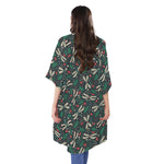 Christmas Floral Dragonfly Pattern Print Open Front Beach Cover Up