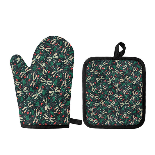 Christmas Floral Dragonfly Pattern Print Oven Mitt And Pot Holder Set