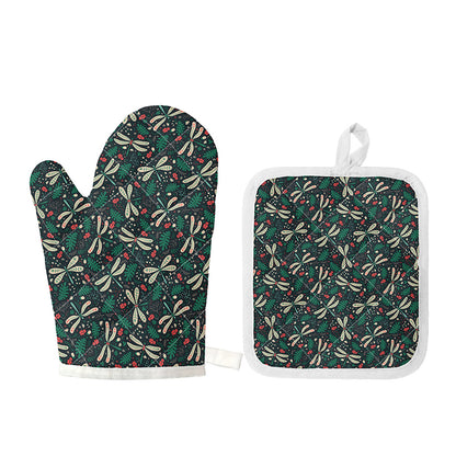 Christmas Floral Dragonfly Pattern Print Oven Mitt And Pot Holder Set