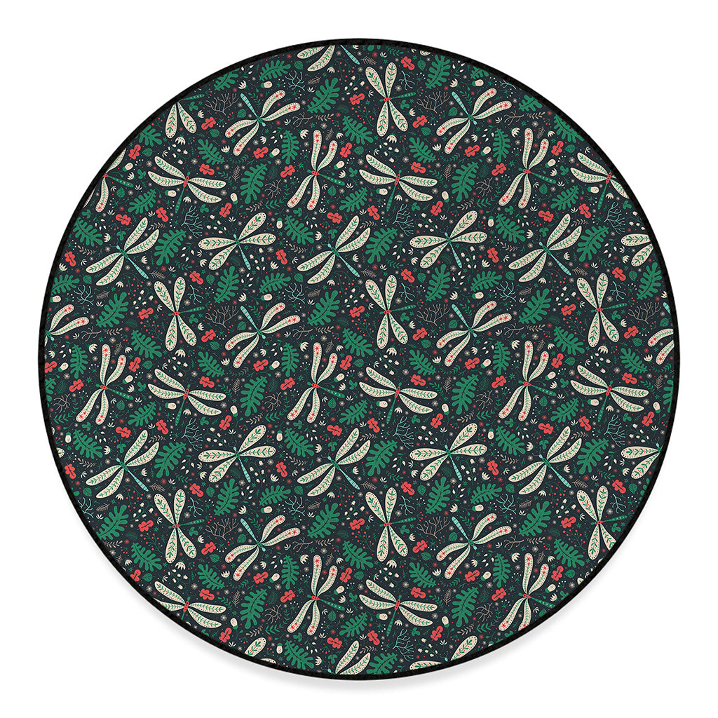 Christmas Floral Dragonfly Pattern Print Round Floor Mat
