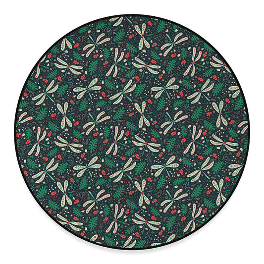 Christmas Floral Dragonfly Pattern Print Round Floor Mat