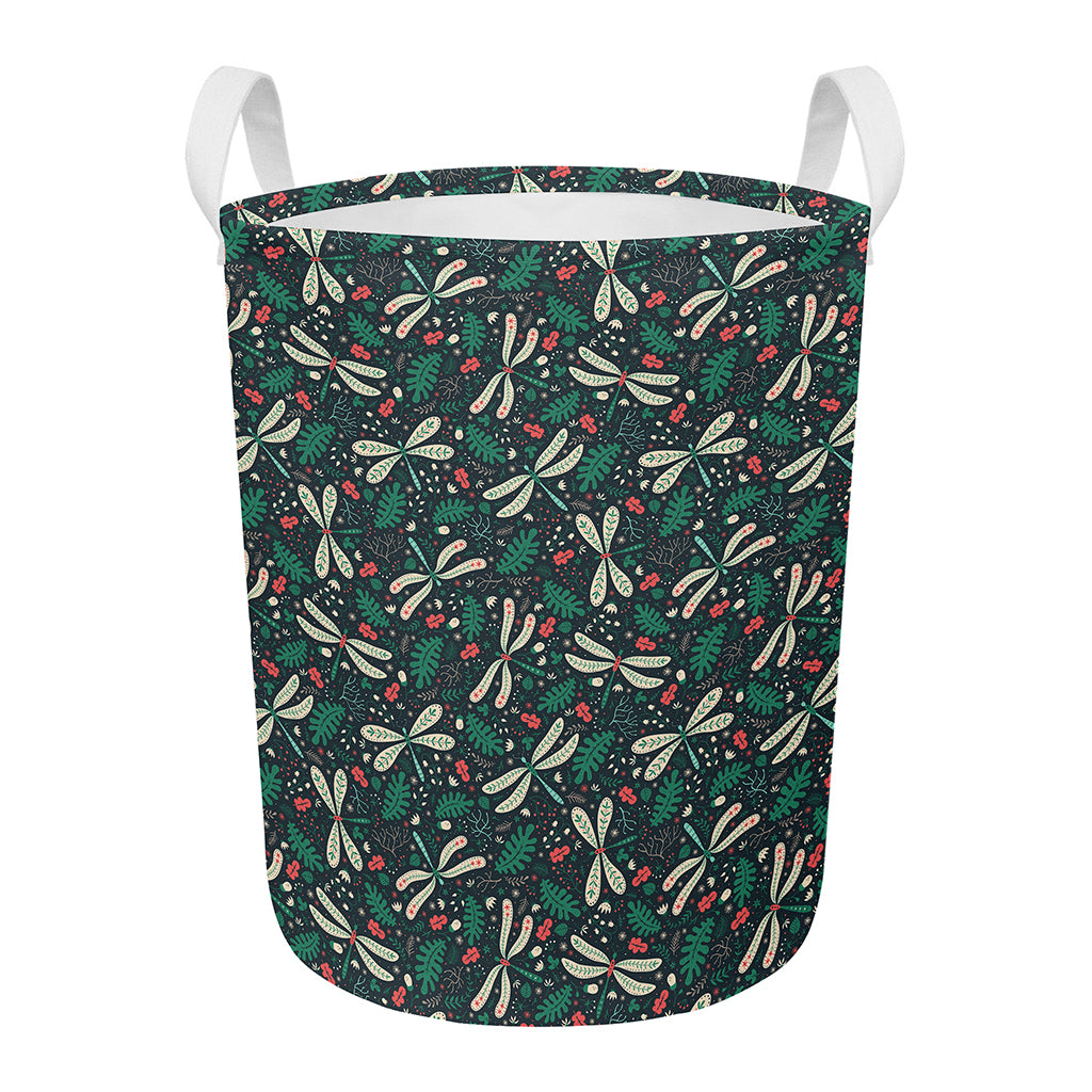 Christmas Floral Dragonfly Pattern Print Round Laundry Basket