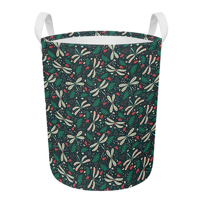Christmas Floral Dragonfly Pattern Print Round Laundry Basket
