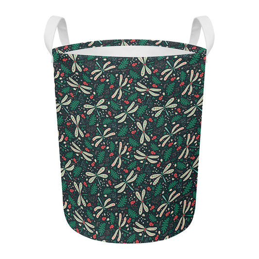 Christmas Floral Dragonfly Pattern Print Round Laundry Basket