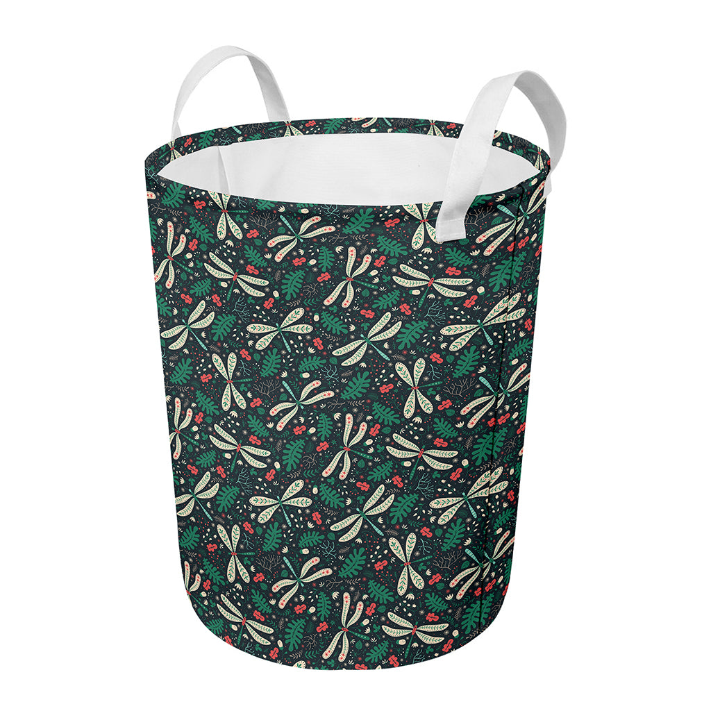 Christmas Floral Dragonfly Pattern Print Round Laundry Basket