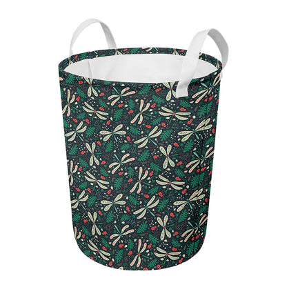 Christmas Floral Dragonfly Pattern Print Round Laundry Basket