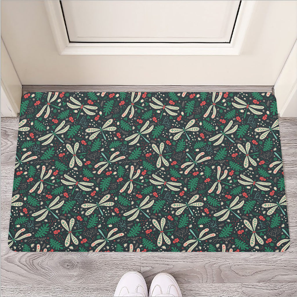 Christmas Floral Dragonfly Pattern Print Rubber Doormat
