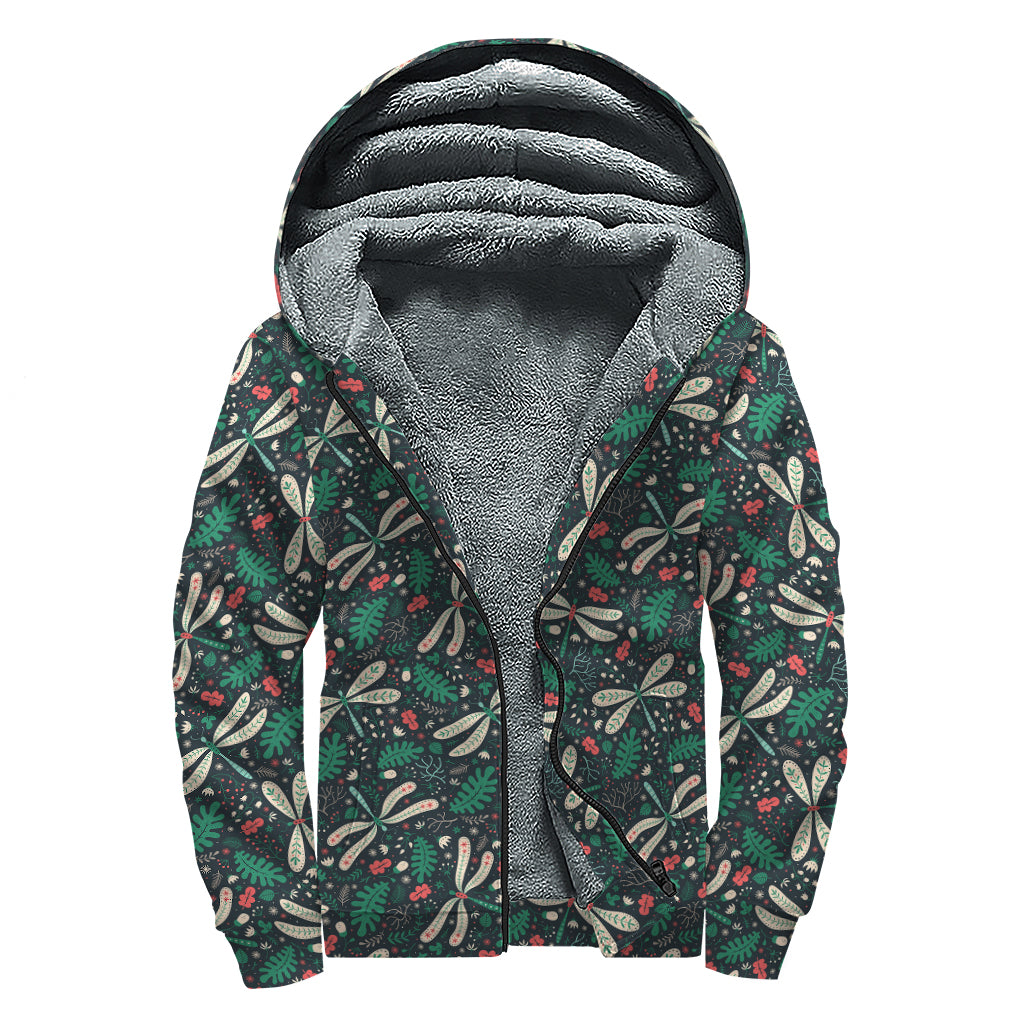 Christmas Floral Dragonfly Pattern Print Sherpa Lined Zip Up Hoodie
