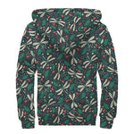Christmas Floral Dragonfly Pattern Print Sherpa Lined Zip Up Hoodie