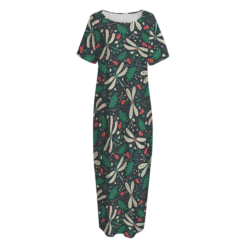 Christmas Floral Dragonfly Pattern Print Short Sleeve Long Nightdress