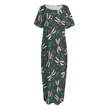 Christmas Floral Dragonfly Pattern Print Short Sleeve Long Nightdress