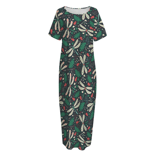 Christmas Floral Dragonfly Pattern Print Short Sleeve Long Nightdress