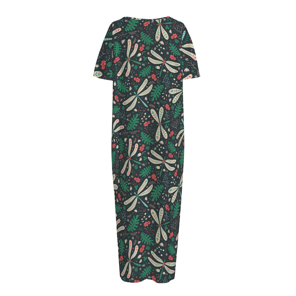 Christmas Floral Dragonfly Pattern Print Short Sleeve Long Nightdress