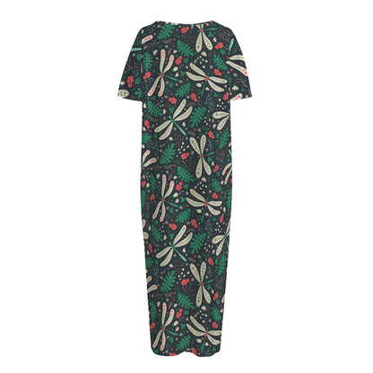 Christmas Floral Dragonfly Pattern Print Short Sleeve Long Nightdress