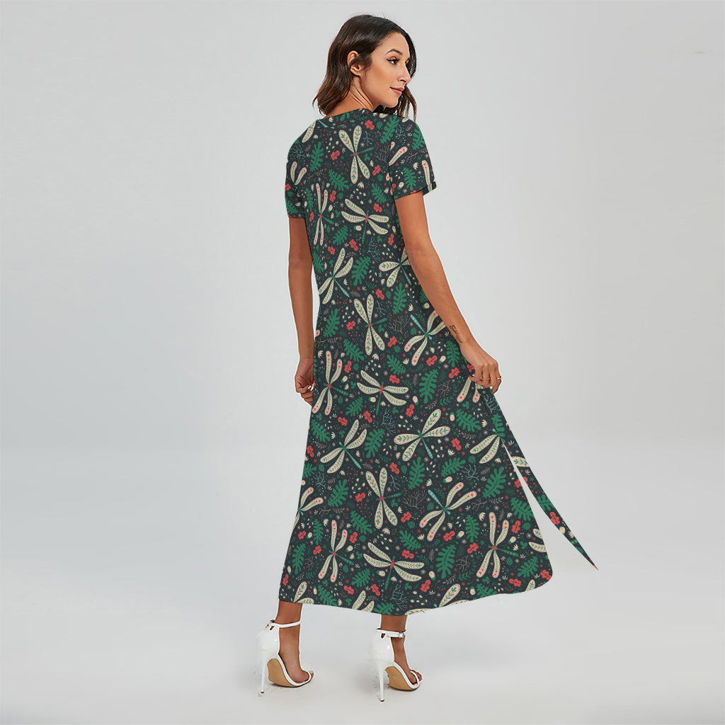 Christmas Floral Dragonfly Pattern Print Short Sleeve Maxi Dress