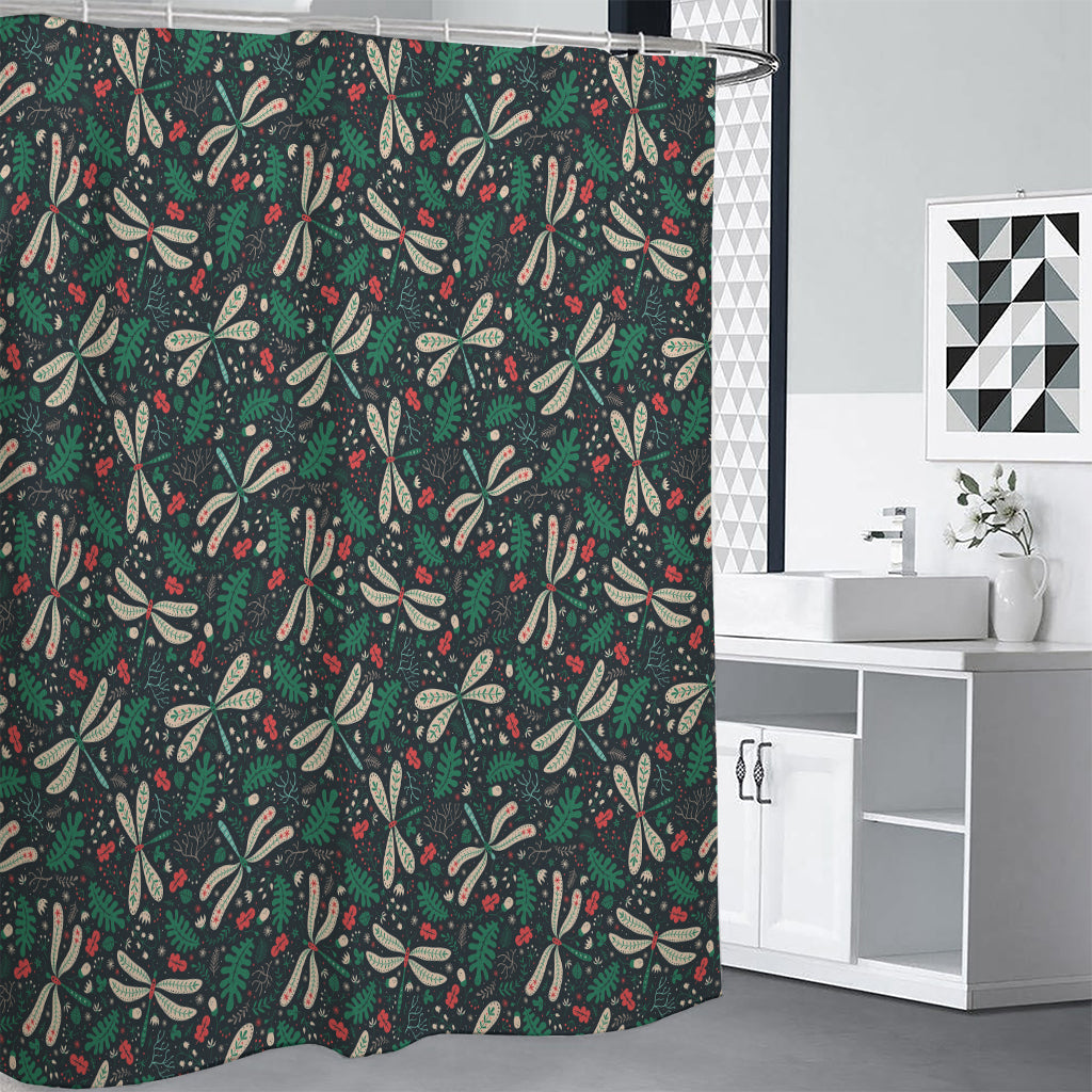 Christmas Floral Dragonfly Pattern Print Shower Curtain