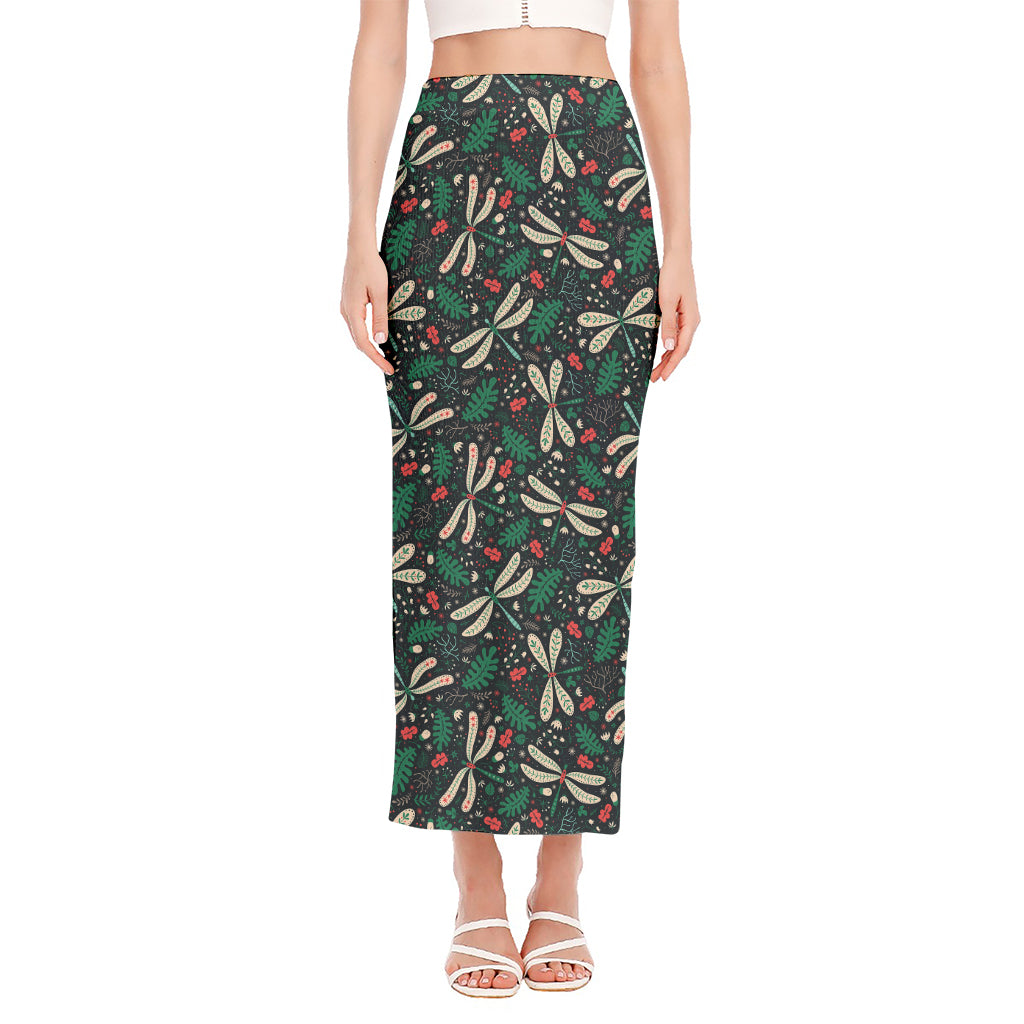 Christmas Floral Dragonfly Pattern Print Side Slit Maxi Skirt